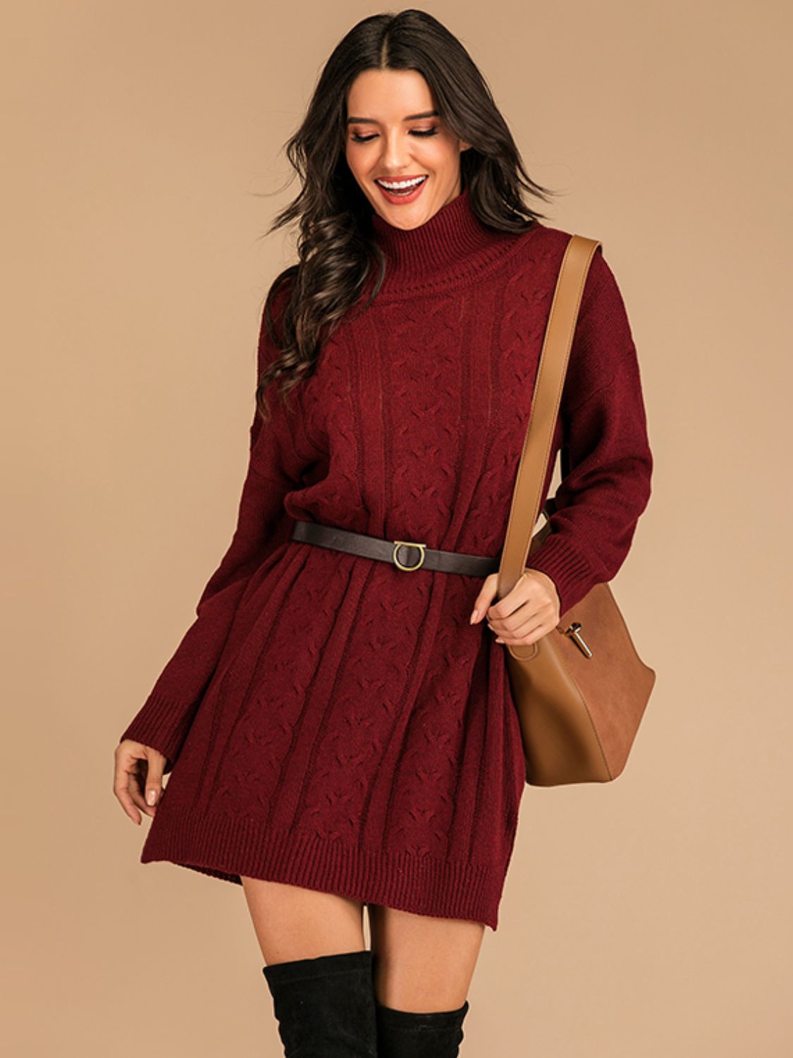 Perfee Slit Turtleneck Long Sleeve Mini Sweater Dress - EkaVibe