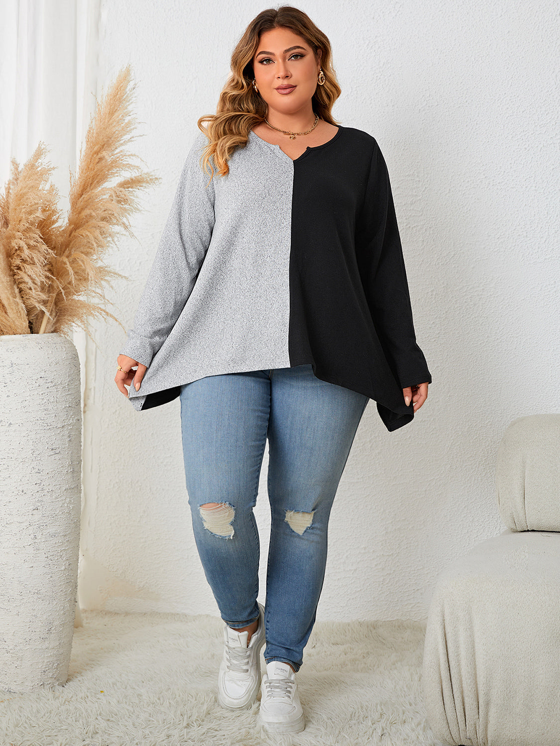 Honey Plus Size Contrast Notched Neck T-Shirt - EkaVibe