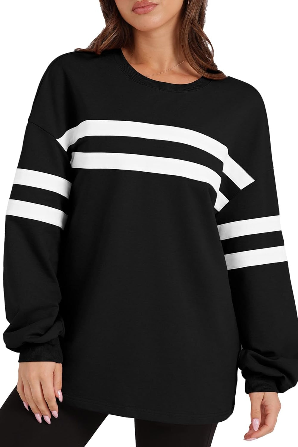 Lovelet Striped Round Neck Dropped Shoulder Sweatshirt - EkaVibe