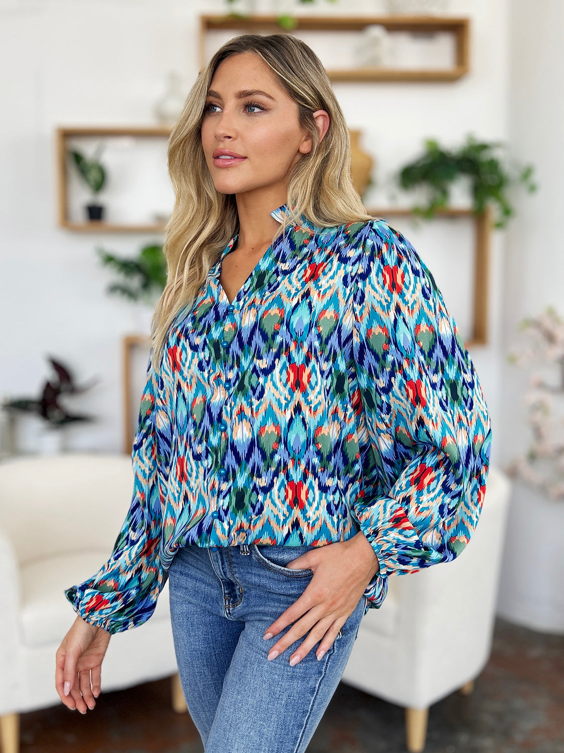 Double Take Full Size Printed Balloon Sleeve Blouse - EkaVibe