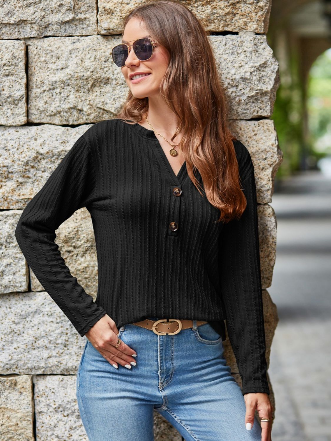 Mandy Notched Long Sleeve T-Shirt - EkaVibe