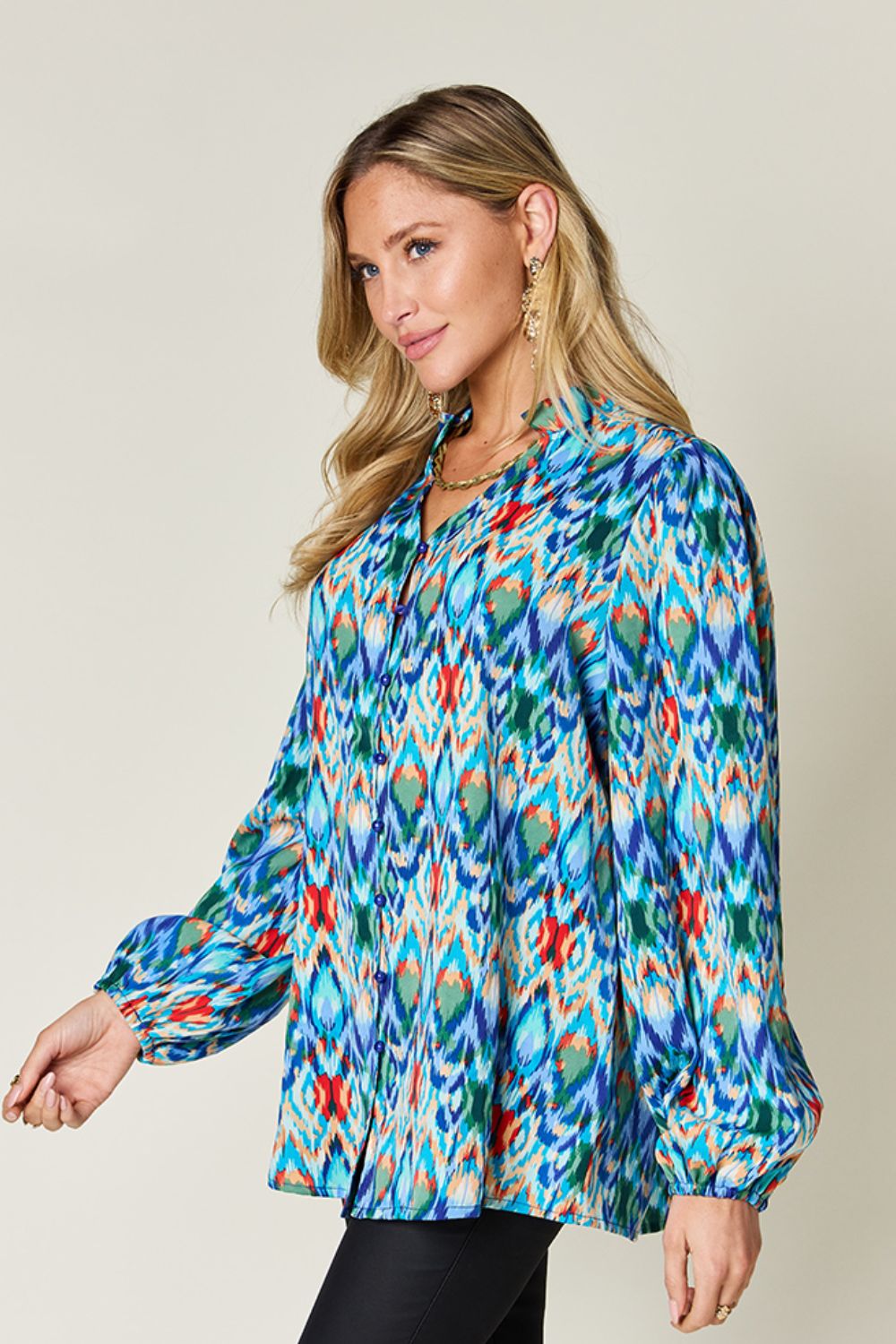 Double Take Full Size Printed Balloon Sleeve Blouse - EkaVibe