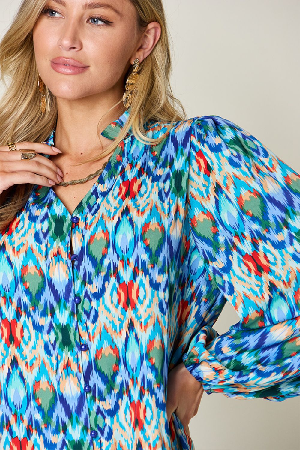 Double Take Full Size Printed Balloon Sleeve Blouse - EkaVibe