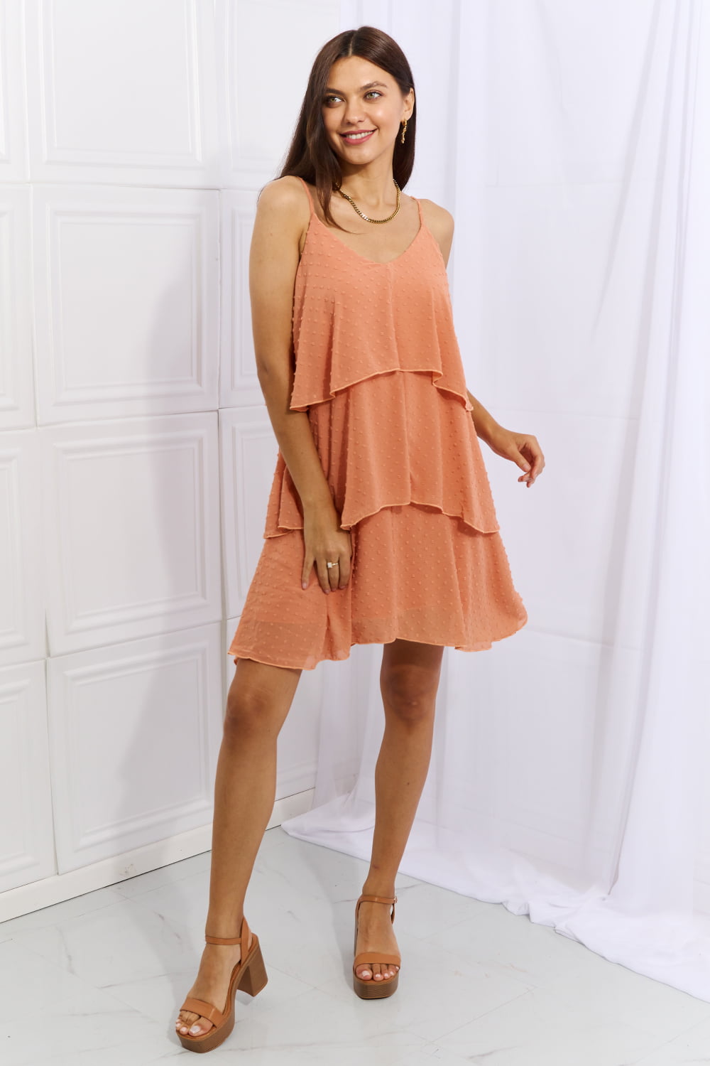 Culture Code By The River Full Size Cascade Ruffle Style Cami Dress in Sherbet - EkaVibe