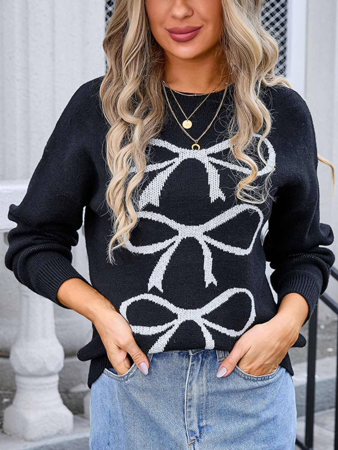 Angel Wings Bow Graphic Round Neck Long Sleeve Sweater - EkaVibe