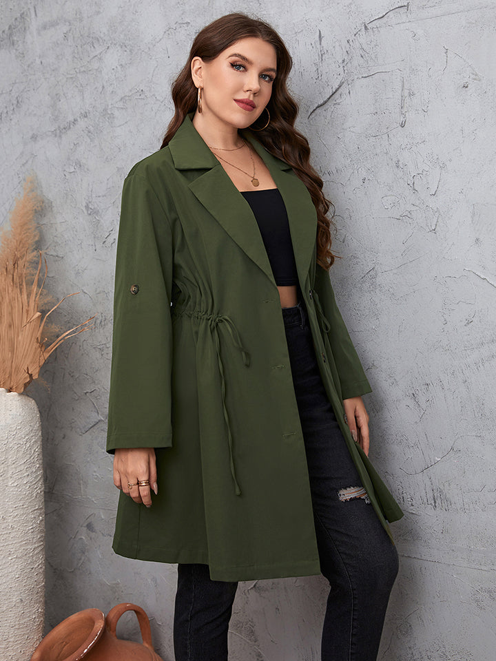 Honey Plus Size Lapel Collar Roll-Tab Sleeve Trench Coat - EkaVibe