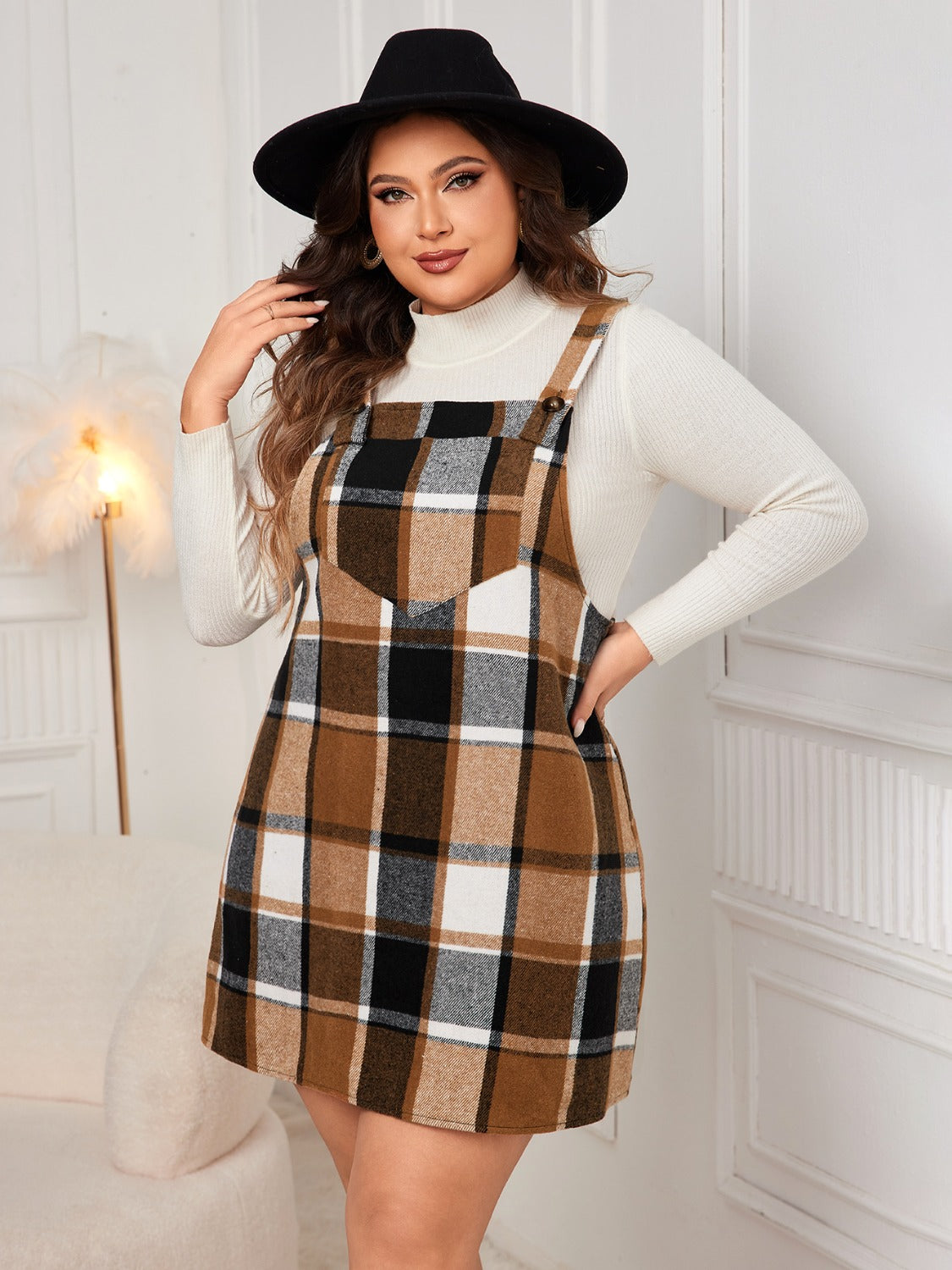 Honey Plus Size Plaid Wide Strap Overall Dress - EkaVibe