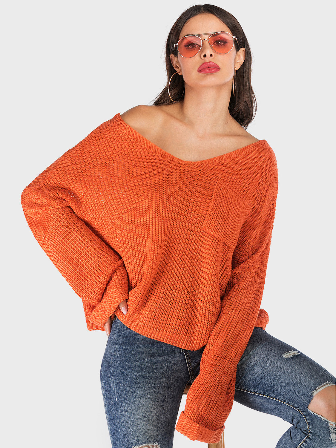 Perfee V-Neck Dropped Shoulder Long Sleeve Sweater - EkaVibe