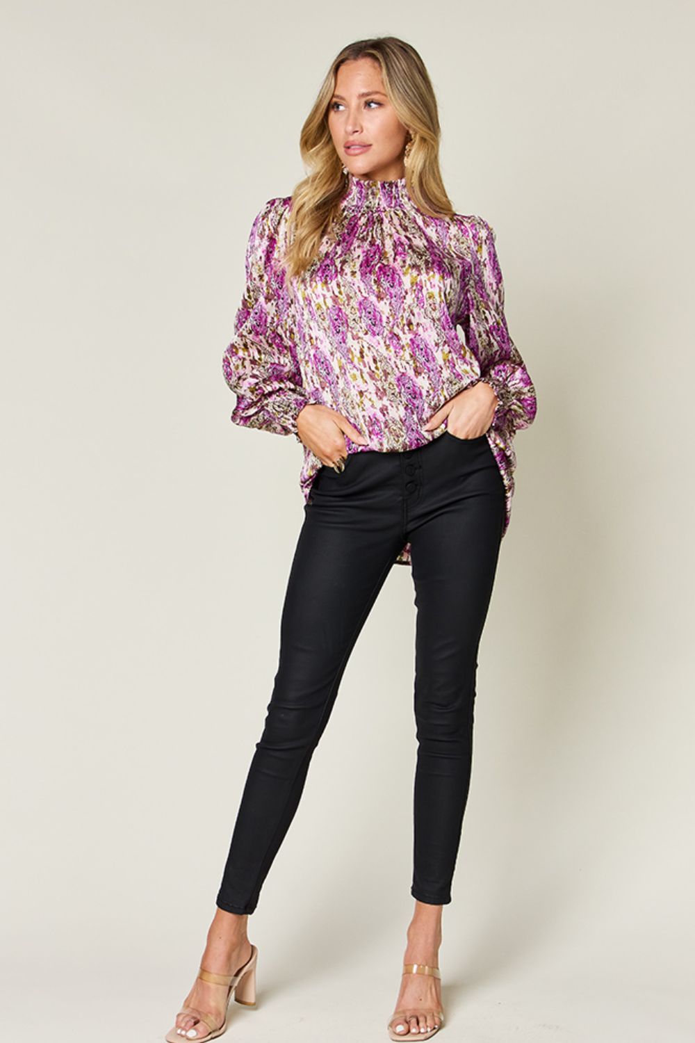 Double Take Full Size Printed Smocked Long Sleeve Blouse - EkaVibe