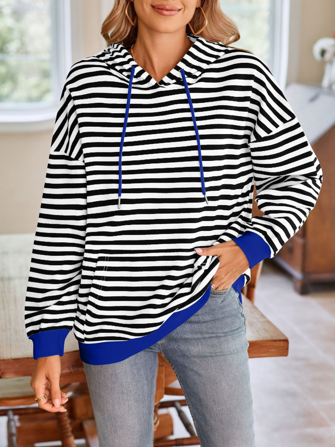 Lovelet Drawstring Striped Long Sleeve Hoodie - EkaVibe