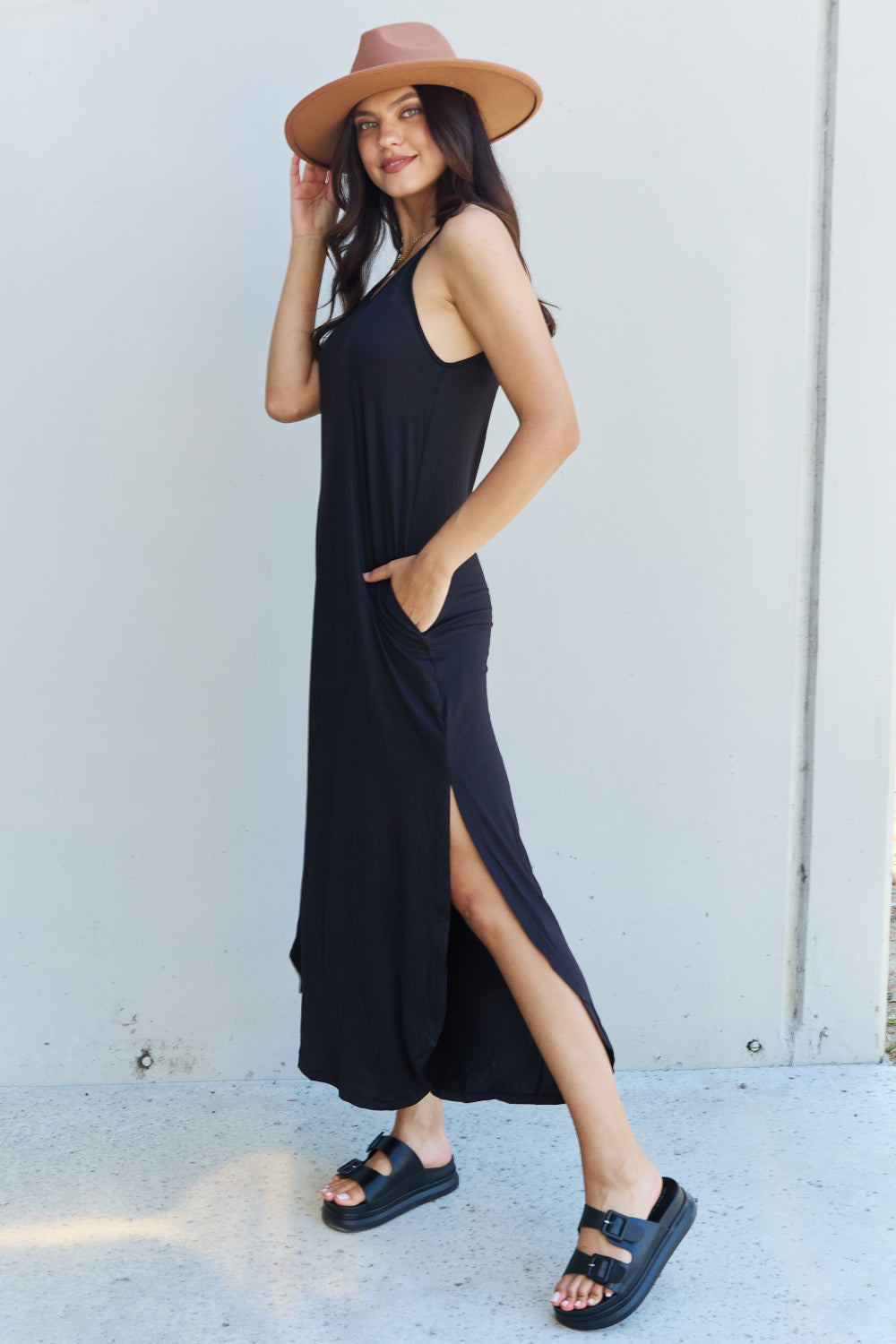 Ninexis Good Energy Full Size Cami Side Slit Maxi Dress in Black - EkaVibe