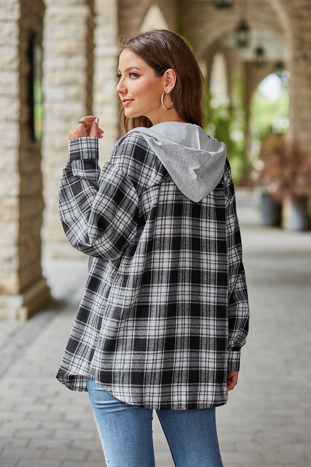 Mandy Plaid Long Sleeve Hooded Jacket - EkaVibe