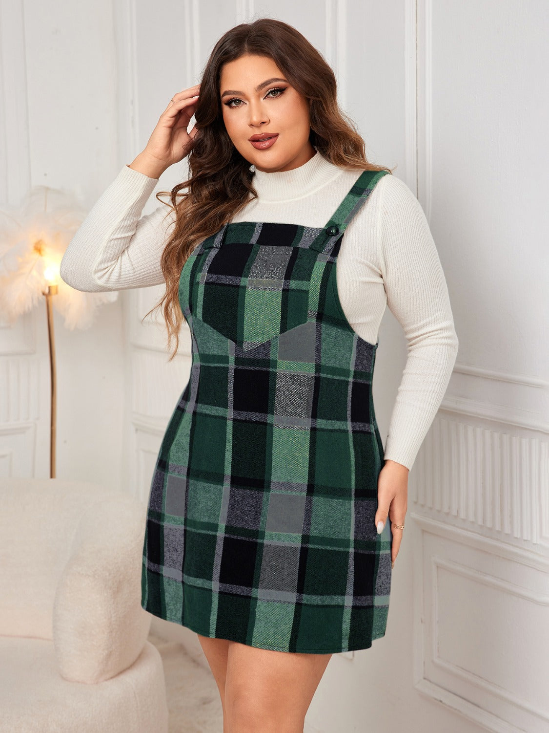 Honey Plus Size Plaid Wide Strap Overall Dress - EkaVibe