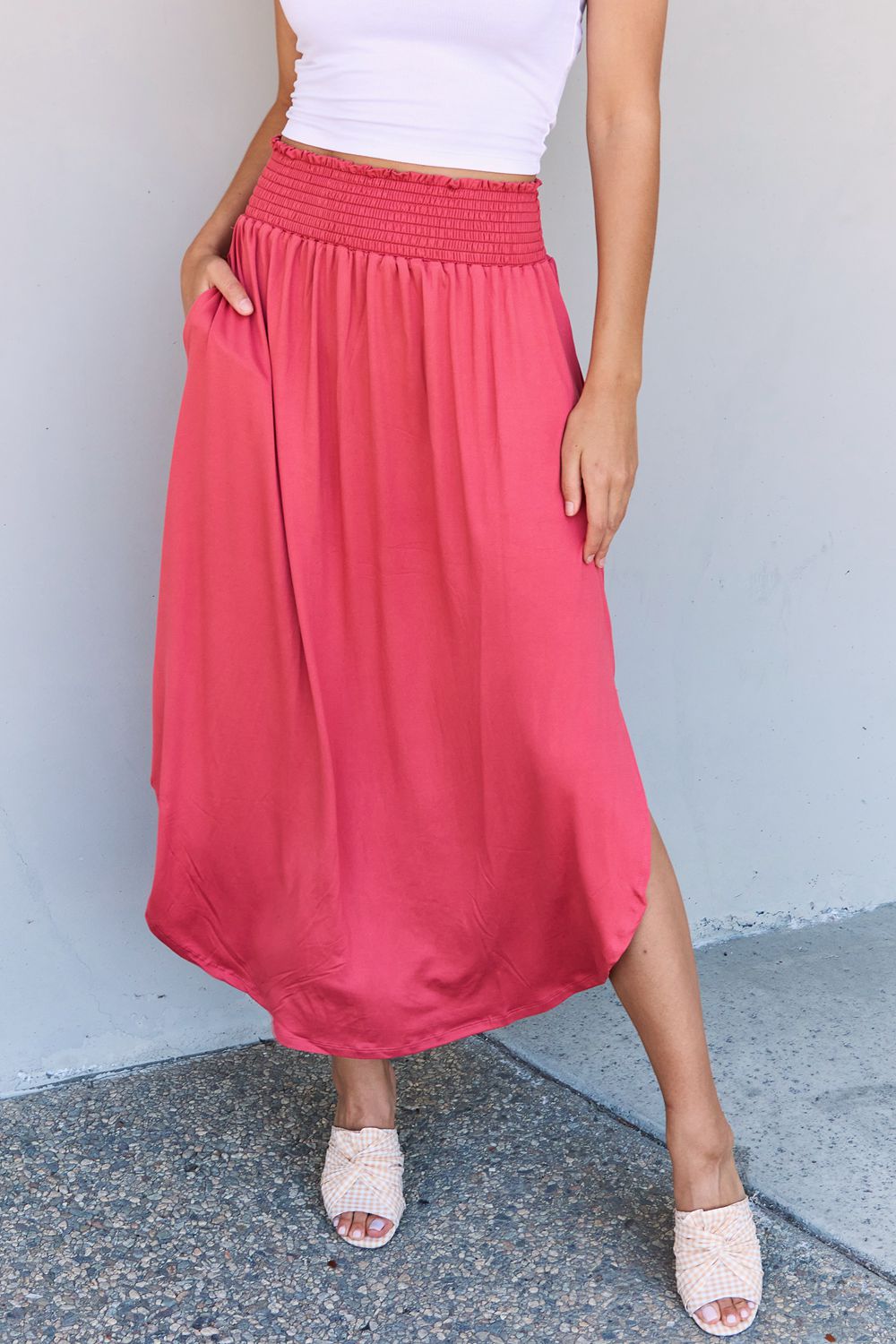 Doublju Comfort Princess Full Size High Waist Scoop Hem Maxi Skirt - EkaVibe