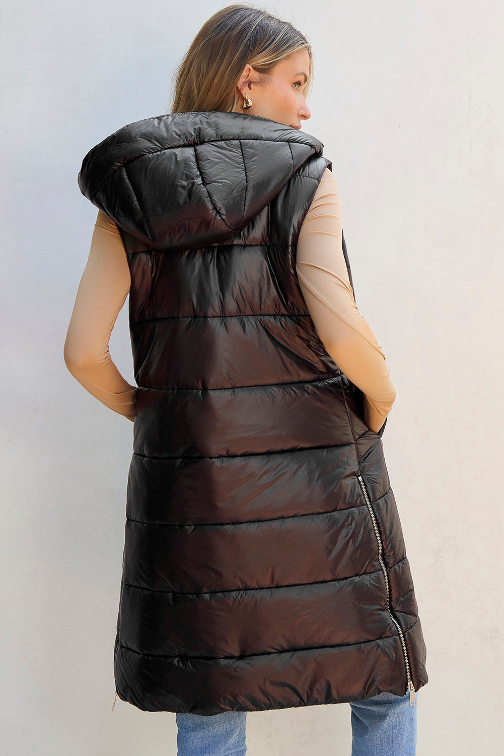 Longline Hooded Sleeveless Puffer Vest - EkaVibe