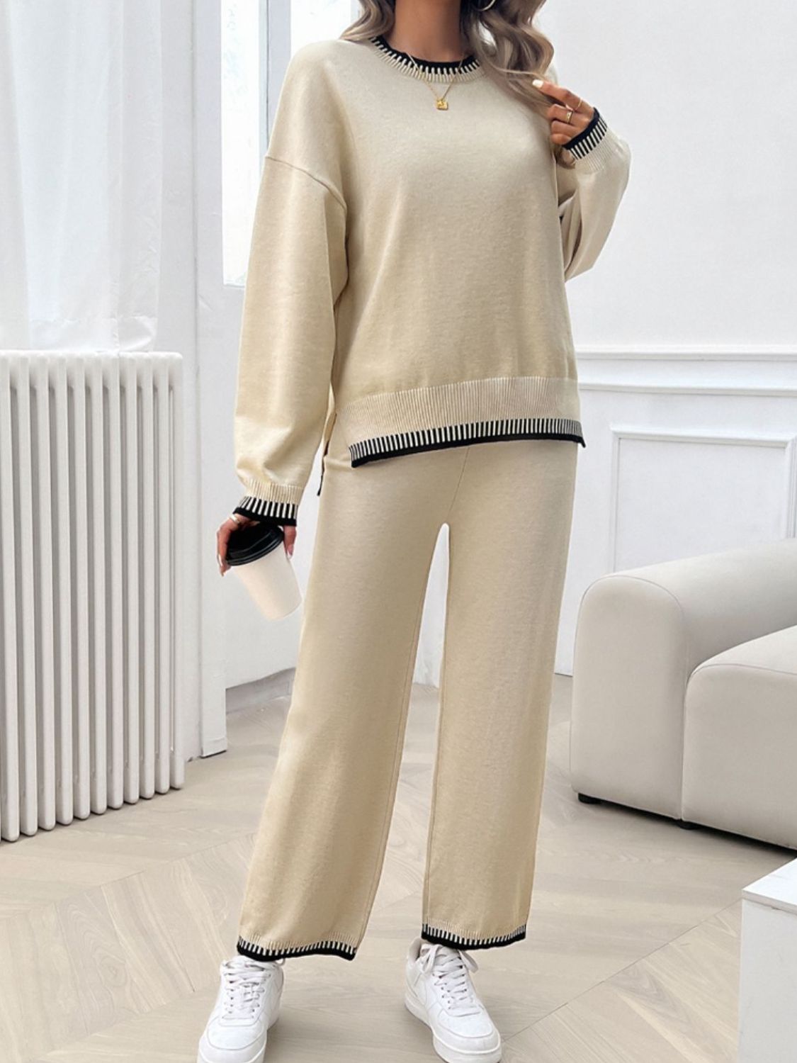 Devine Round Neck Dropped Shoulder Top and Pants Sweater Set - EkaVibe