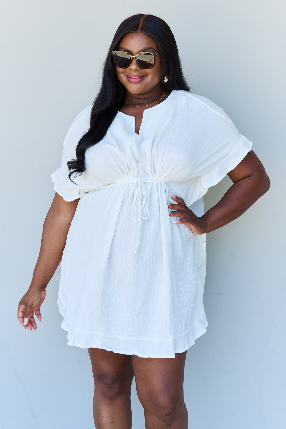 Ninexis Out Of Time Full Size Ruffle Hem Dress with Drawstring Waistband in White - EkaVibe