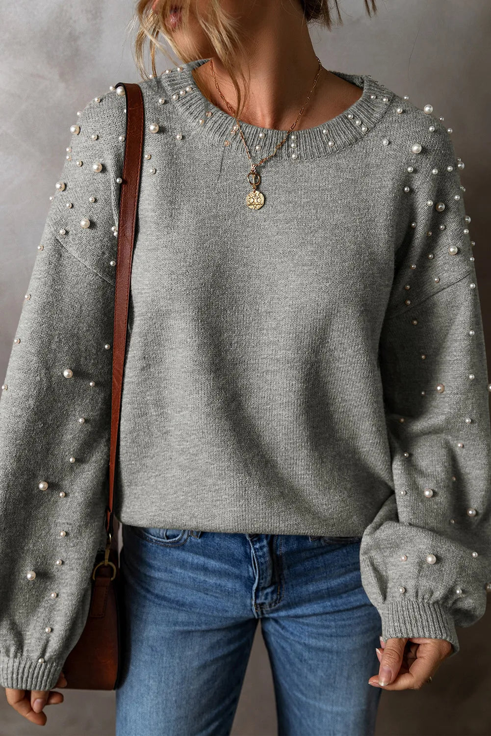 Pearl Detail Round Neck Long Sleeve Sweater - EkaVibe