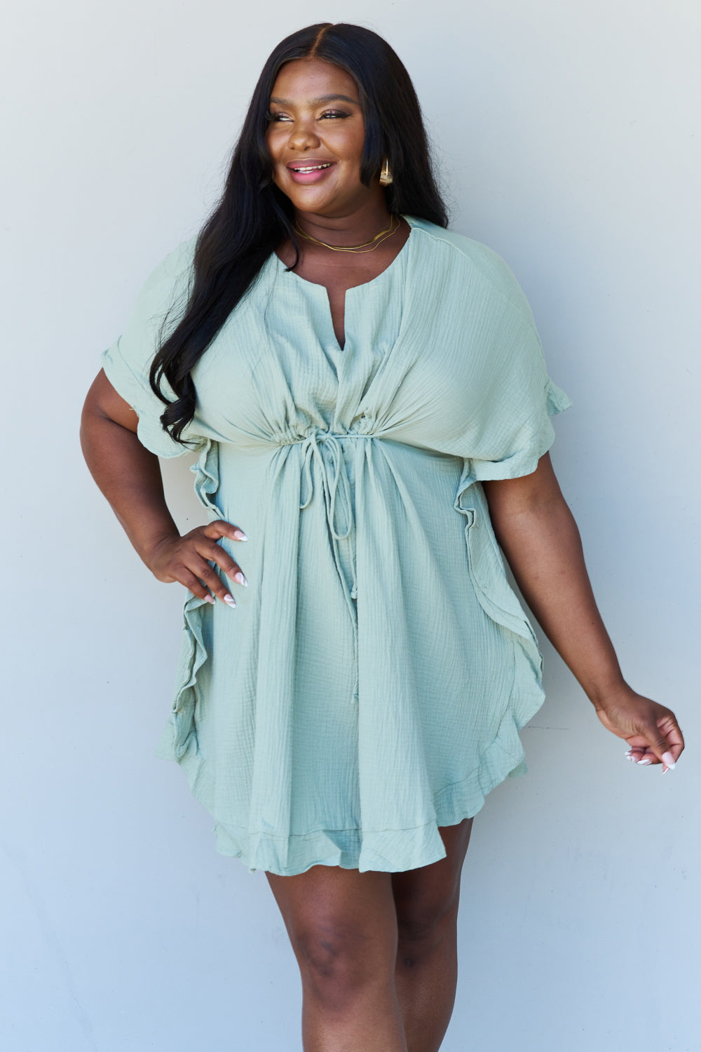 Ninexis Out Of Time Full Size Ruffle Hem Dress with Drawstring Waistband in Light Sage - EkaVibe