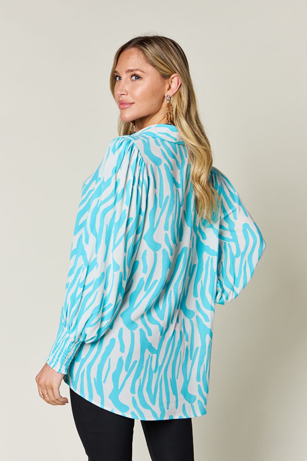 Double Take Full Size Printed Smocked Long Sleeve Blouse - EkaVibe