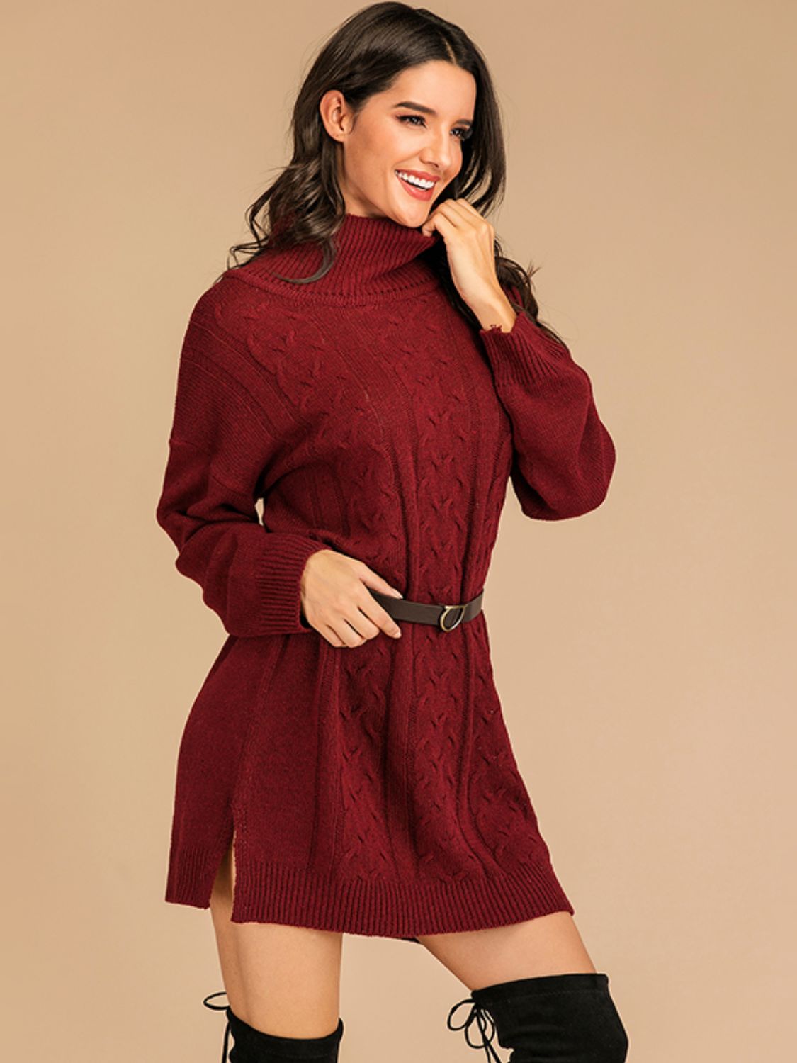 Perfee Slit Turtleneck Long Sleeve Mini Sweater Dress - EkaVibe