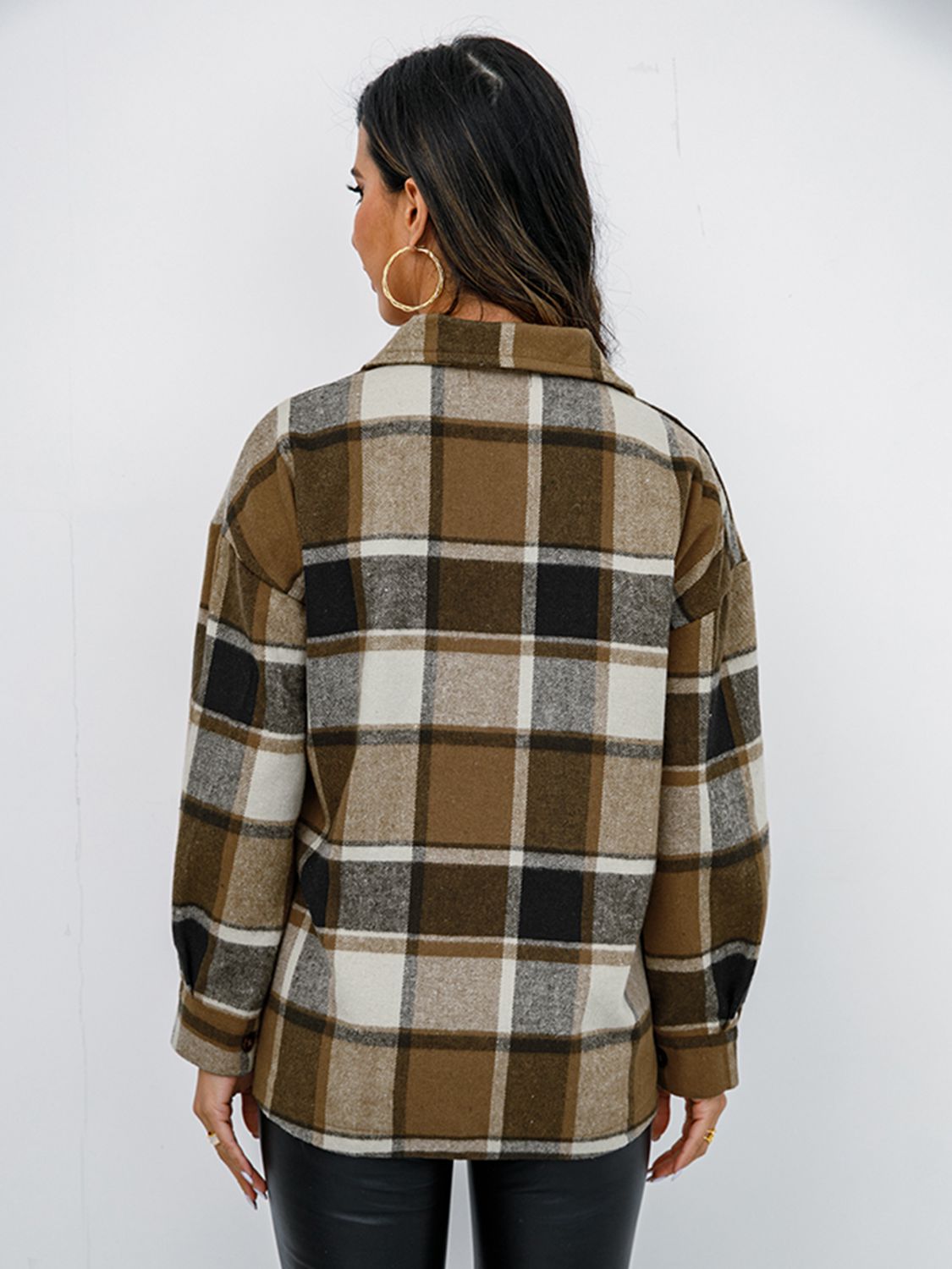 Shiny Plaid Button Up Collared Neck Jacket - EkaVibe