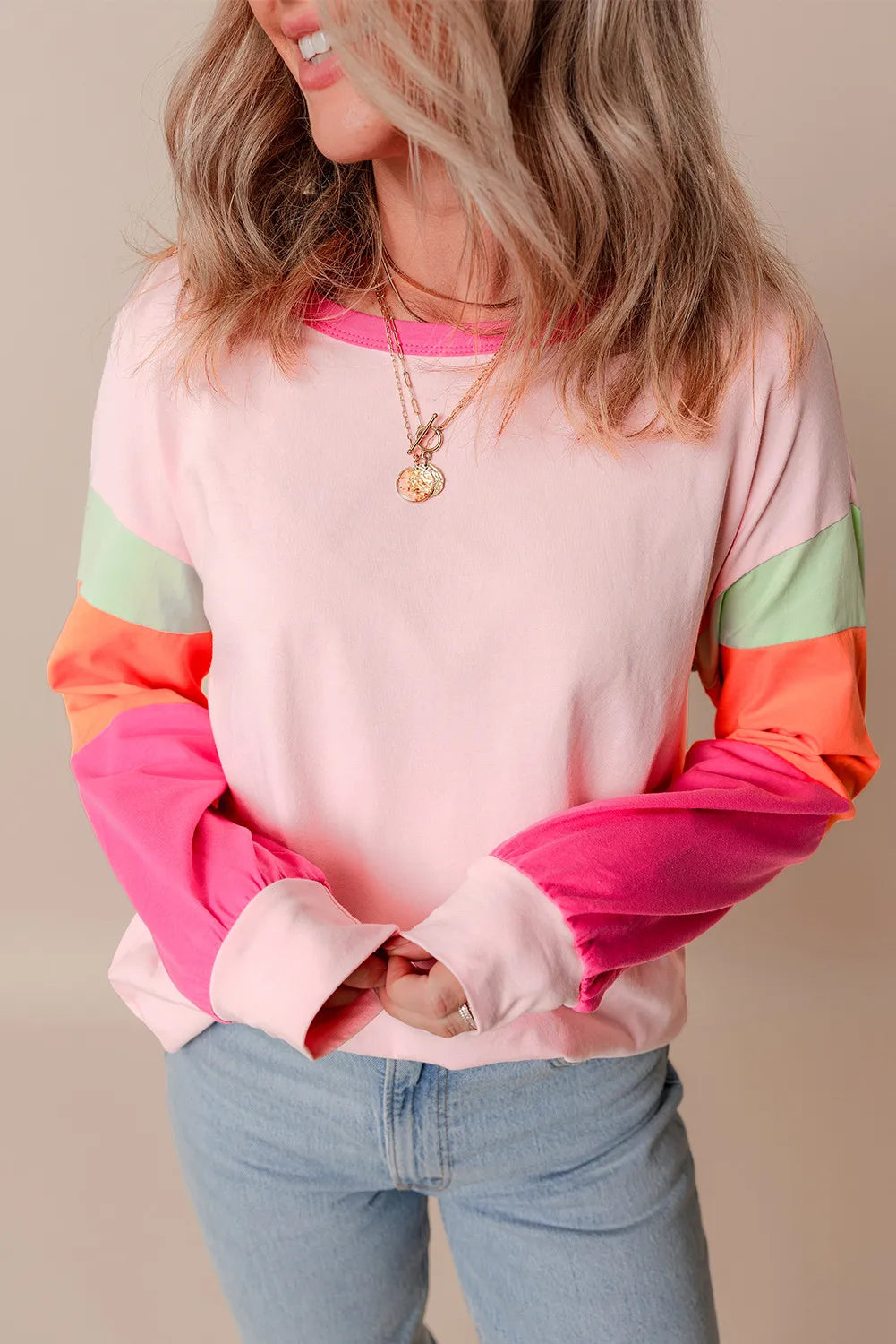 Color Block Round Neck Long Sleeve Top - EkaVibe