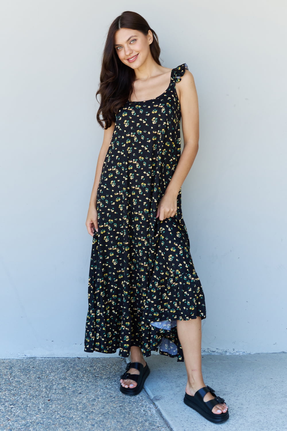 Doublju In The Garden Ruffle Floral Maxi Dress in  Black Yellow Floral - EkaVibe