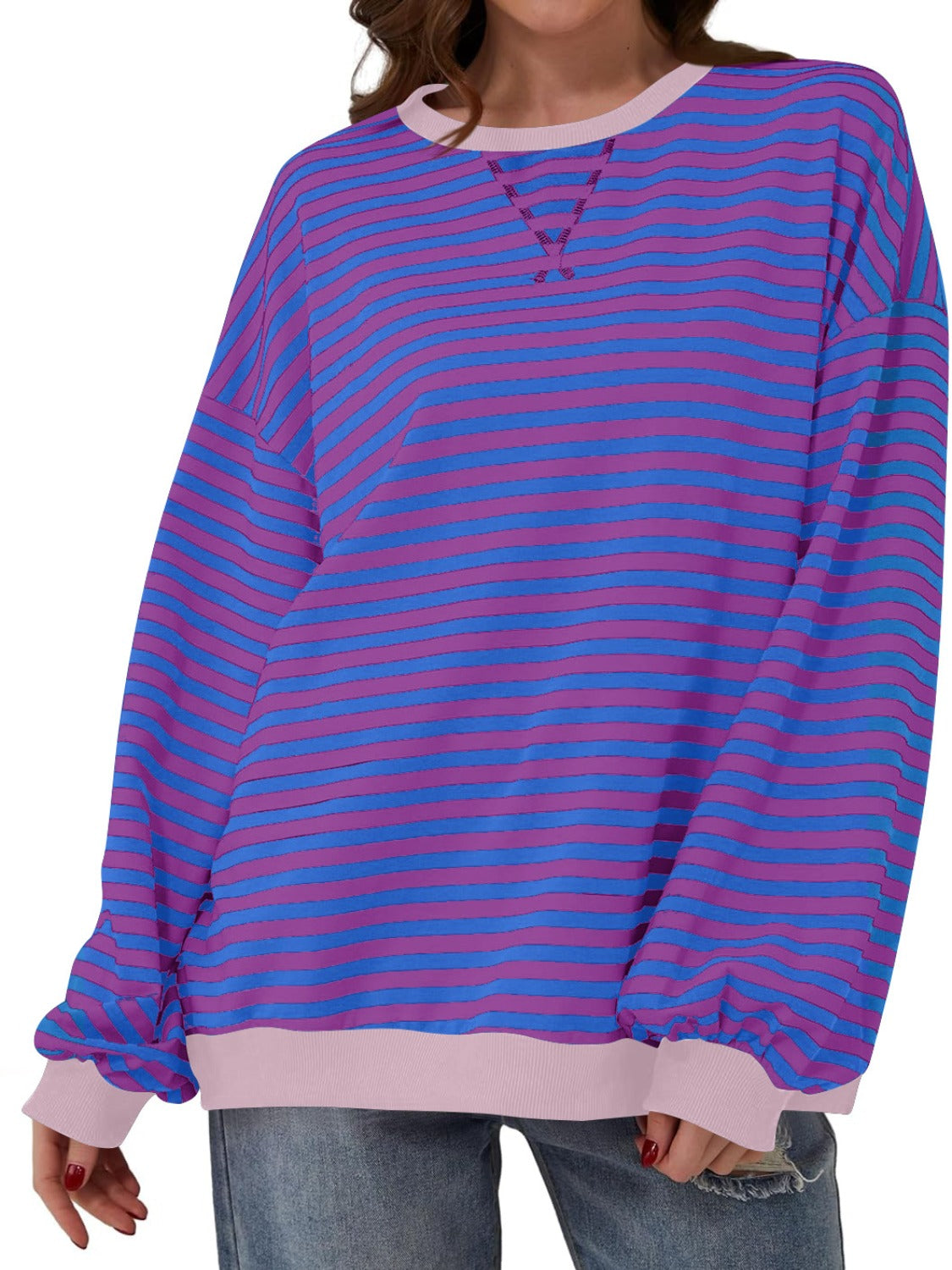 Lovelet Contrast Striped Long Sleeve Sweatshirt - EkaVibe