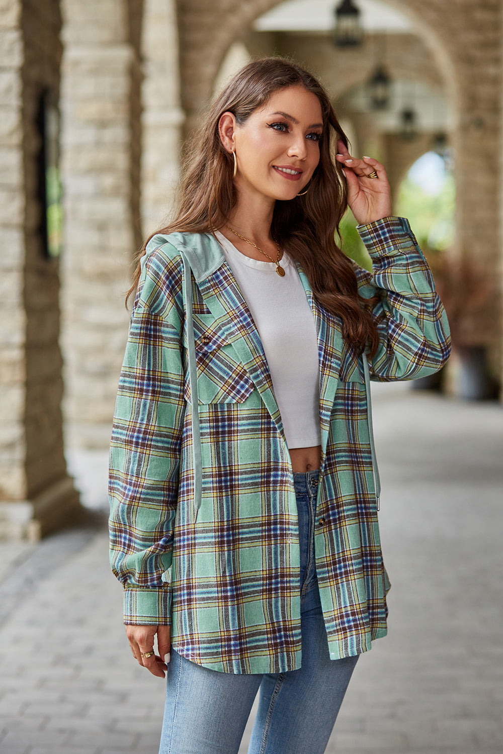 Mandy Plaid Long Sleeve Hooded Jacket - EkaVibe