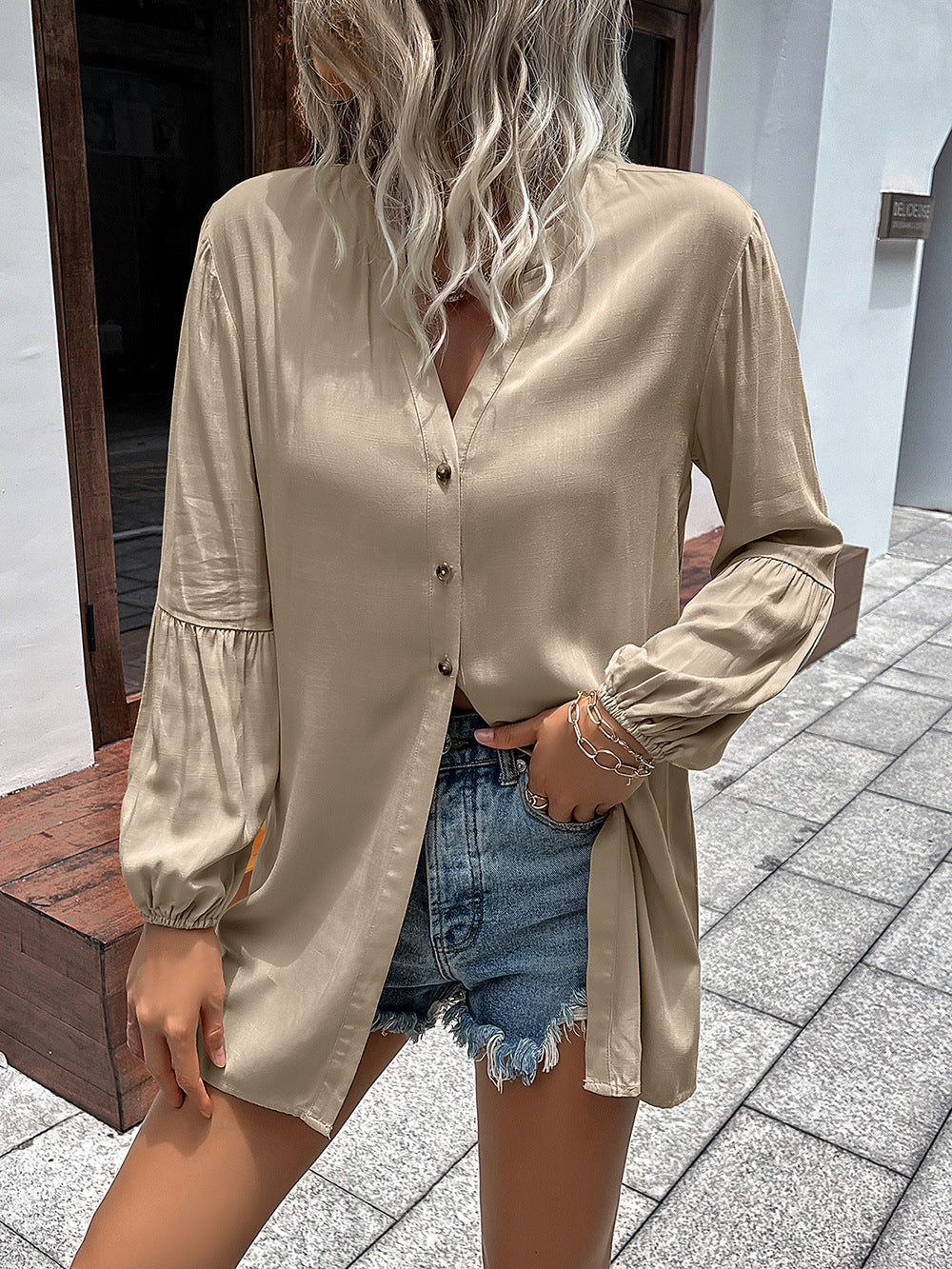 Ivy Lane Notched Neck Balloon Sleeve Shirt - EkaVibe