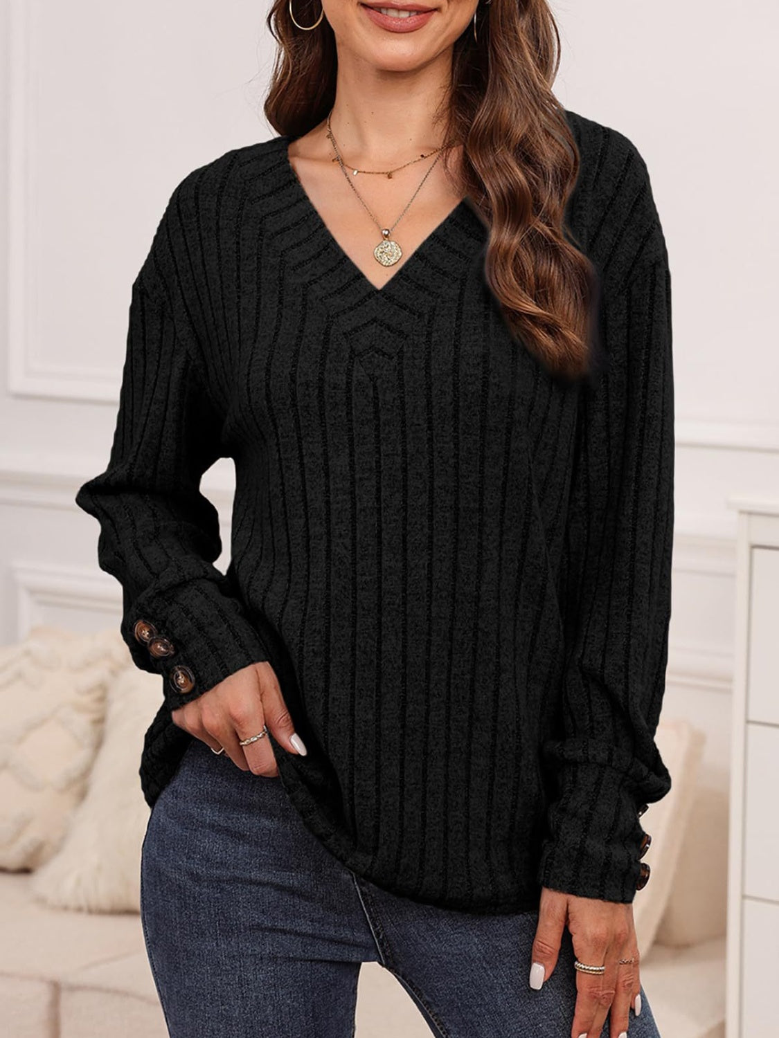 Ribbed V-Neck Long Sleeve T-Shirt - EkaVibe