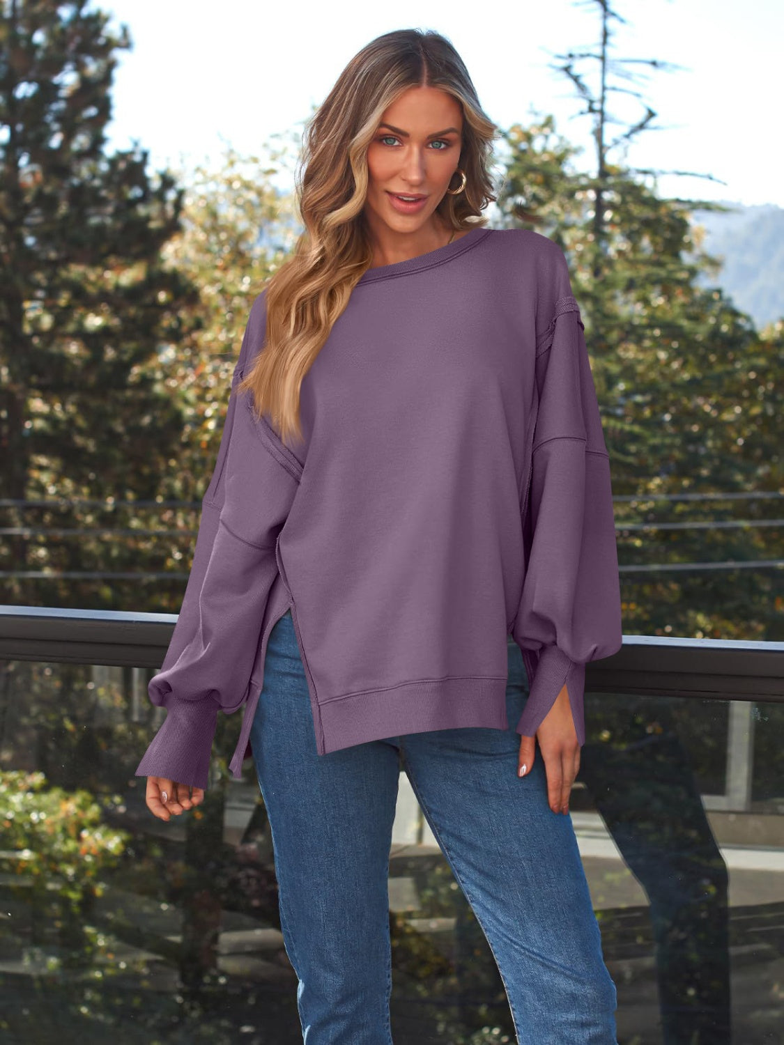 Slit Round Neck Long Sleeve Sweatshirt - EkaVibe