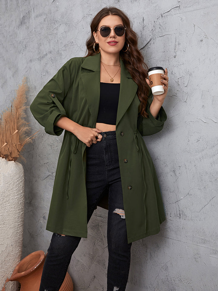 Honey Plus Size Lapel Collar Roll-Tab Sleeve Trench Coat - EkaVibe