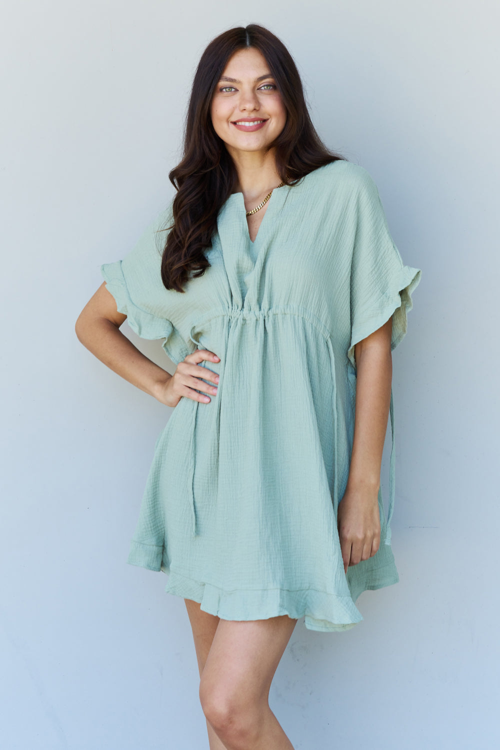 Ninexis Out Of Time Full Size Ruffle Hem Dress with Drawstring Waistband in Light Sage - EkaVibe