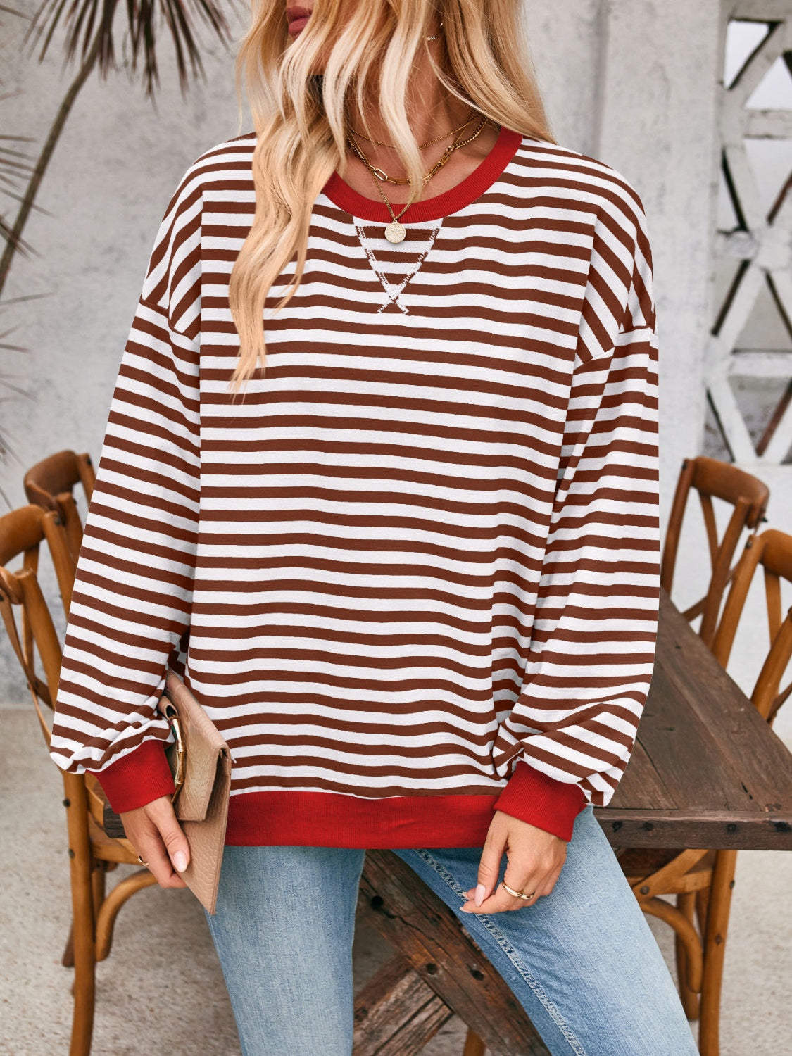 Lovelet Contrast Striped Long Sleeve Sweatshirt - EkaVibe