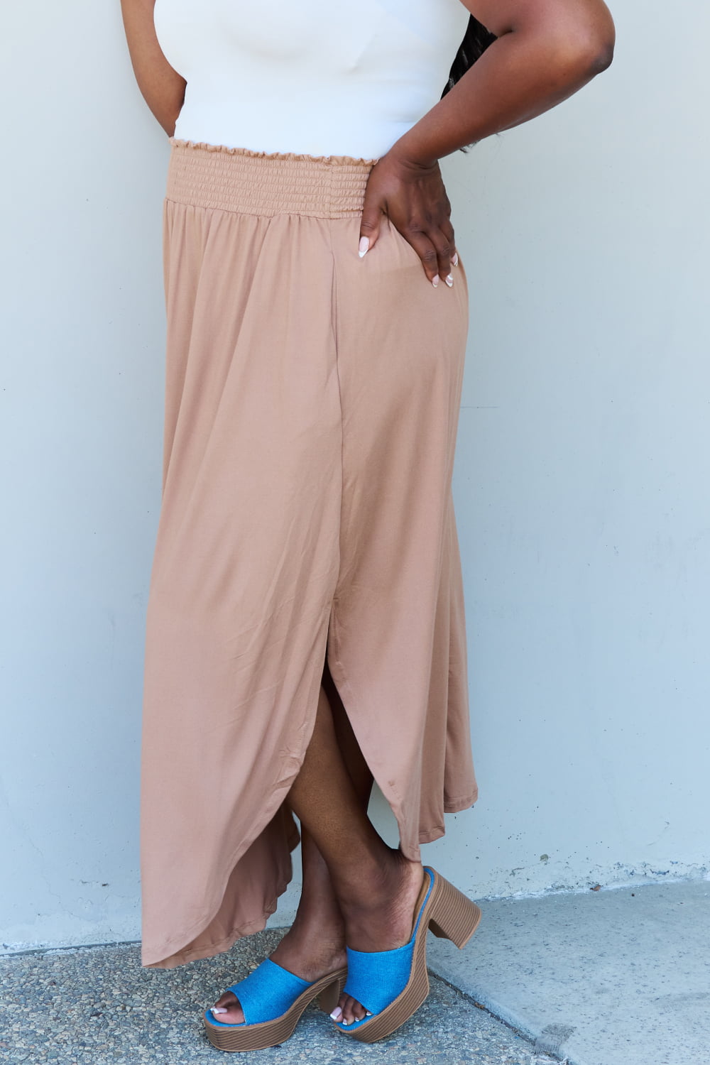 Doublju Comfort Princess Full Size High Waist Scoop Hem Maxi Skirt in Tan - EkaVibe