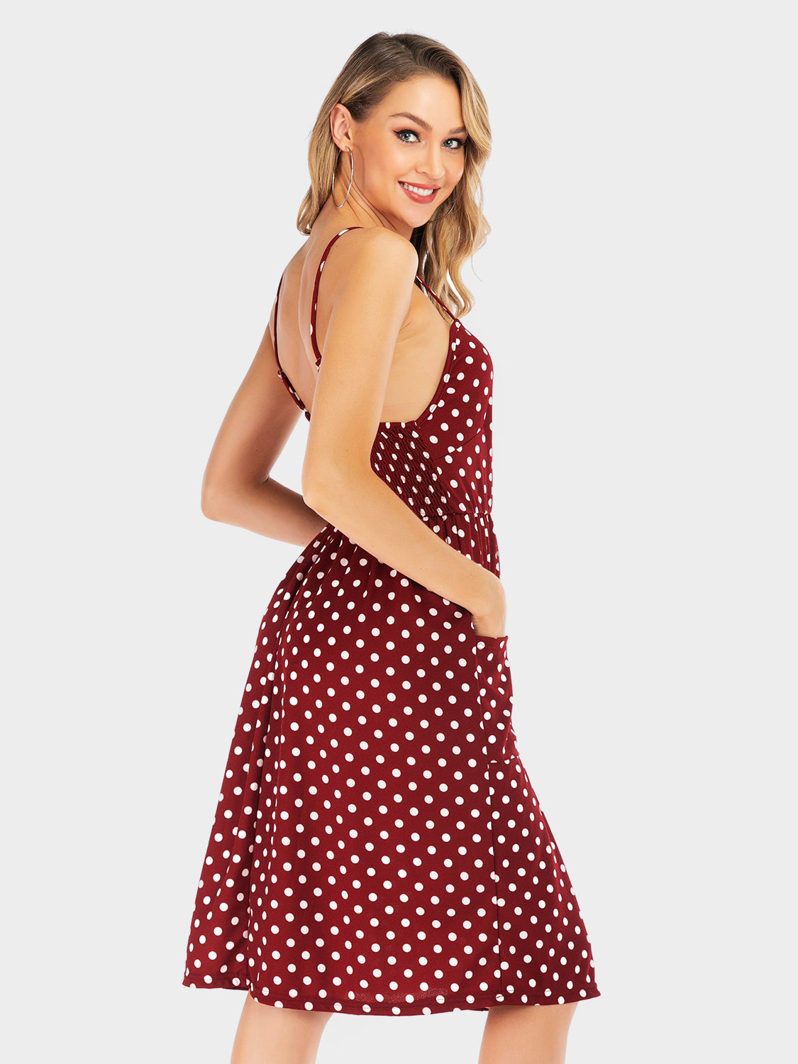 Perfee Polka Dot Sweetheart Neck Dress with Pockets - EkaVibe