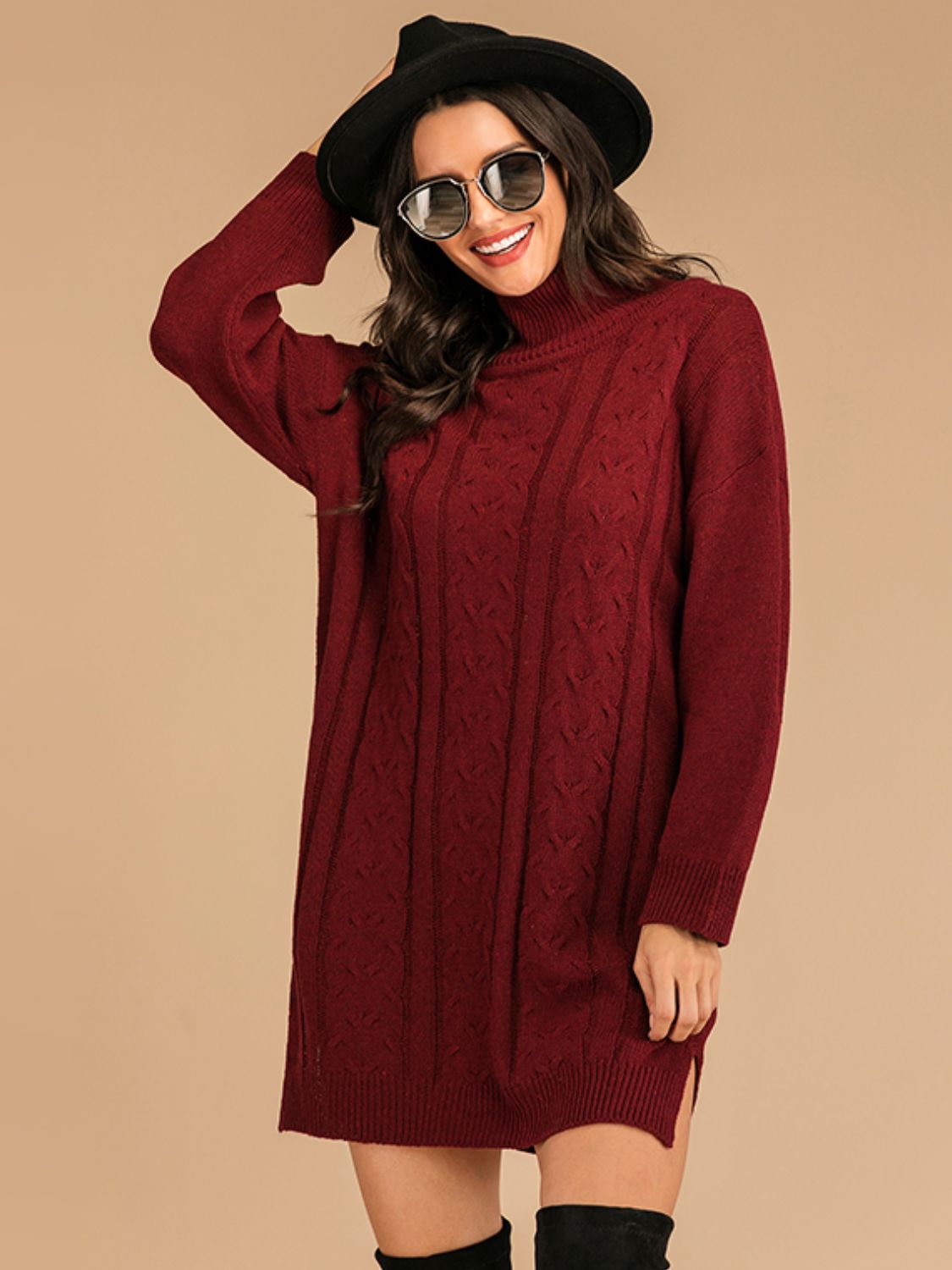 Perfee Slit Turtleneck Long Sleeve Mini Sweater Dress - EkaVibe