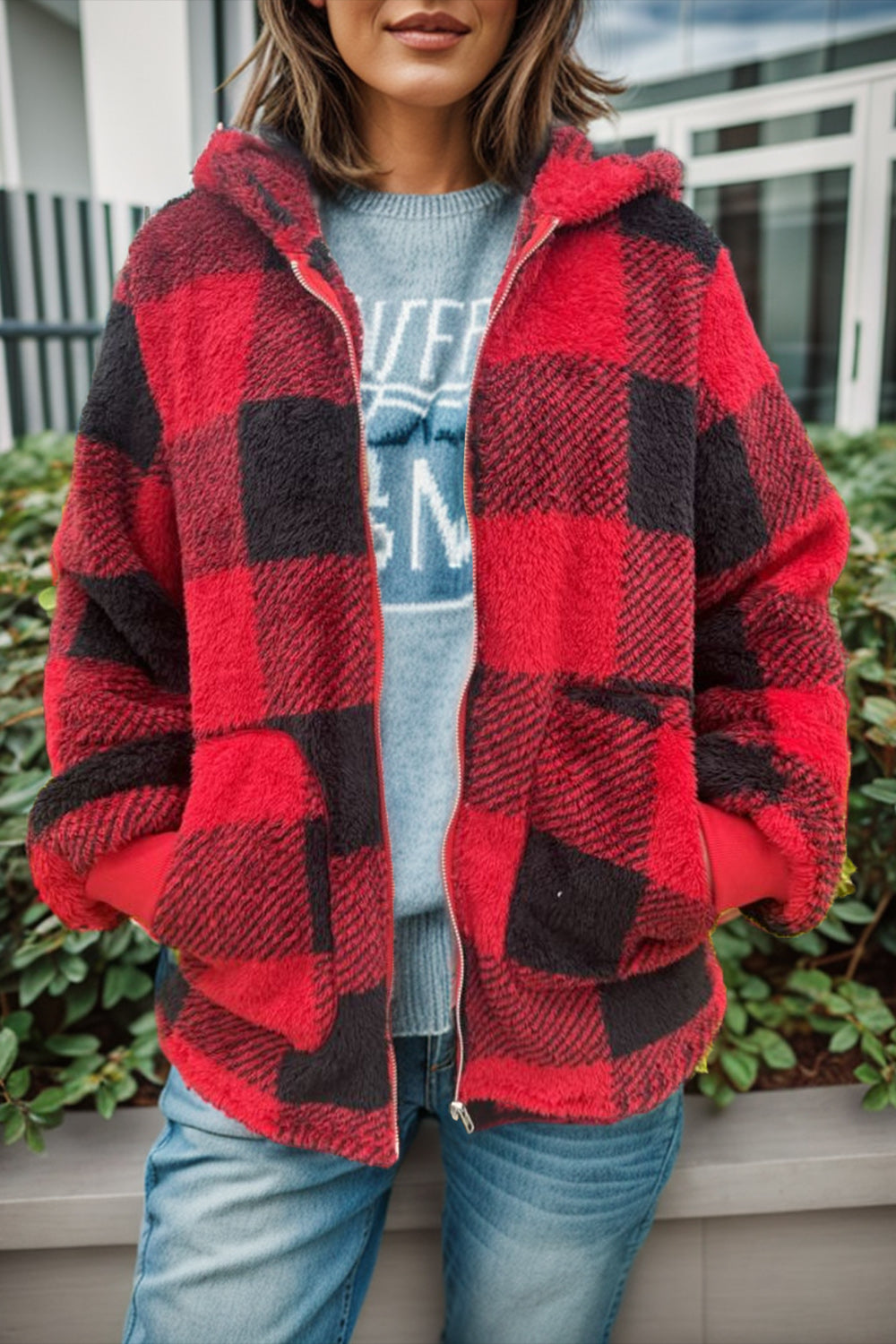 Double Take Full Size Plaid Long Sleeve Hooded Coat - EkaVibe