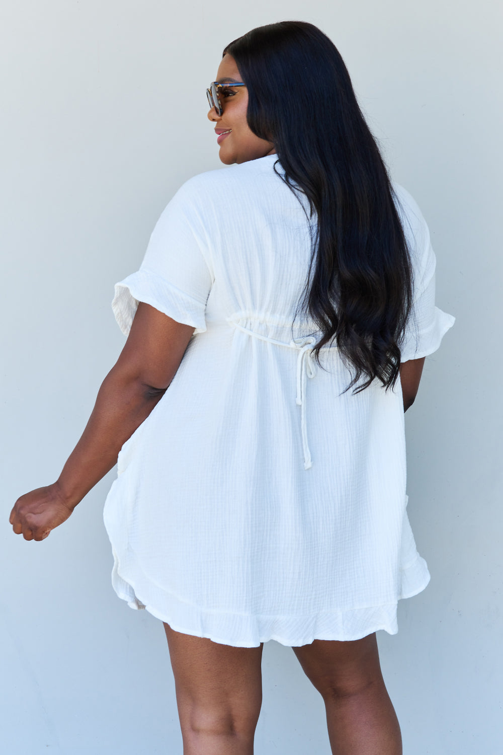 Ninexis Out Of Time Full Size Ruffle Hem Dress with Drawstring Waistband in White - EkaVibe