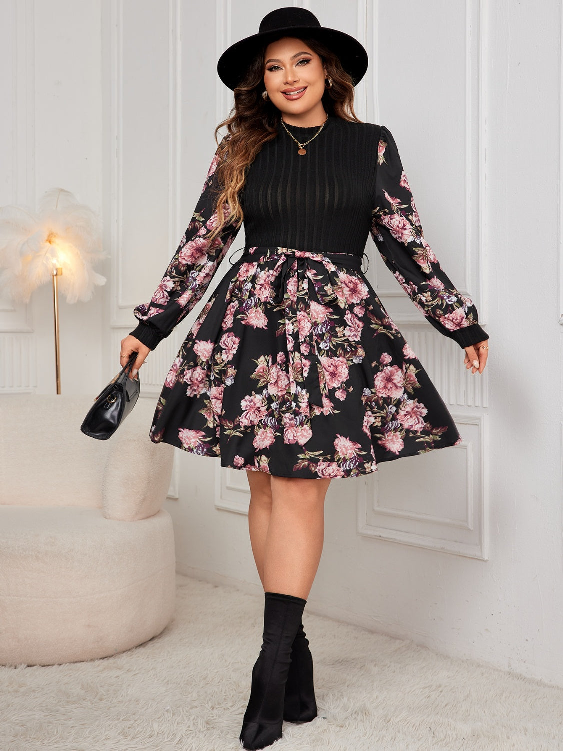 Honey Plus Size Tied Printed Long Sleeve Dress - EkaVibe