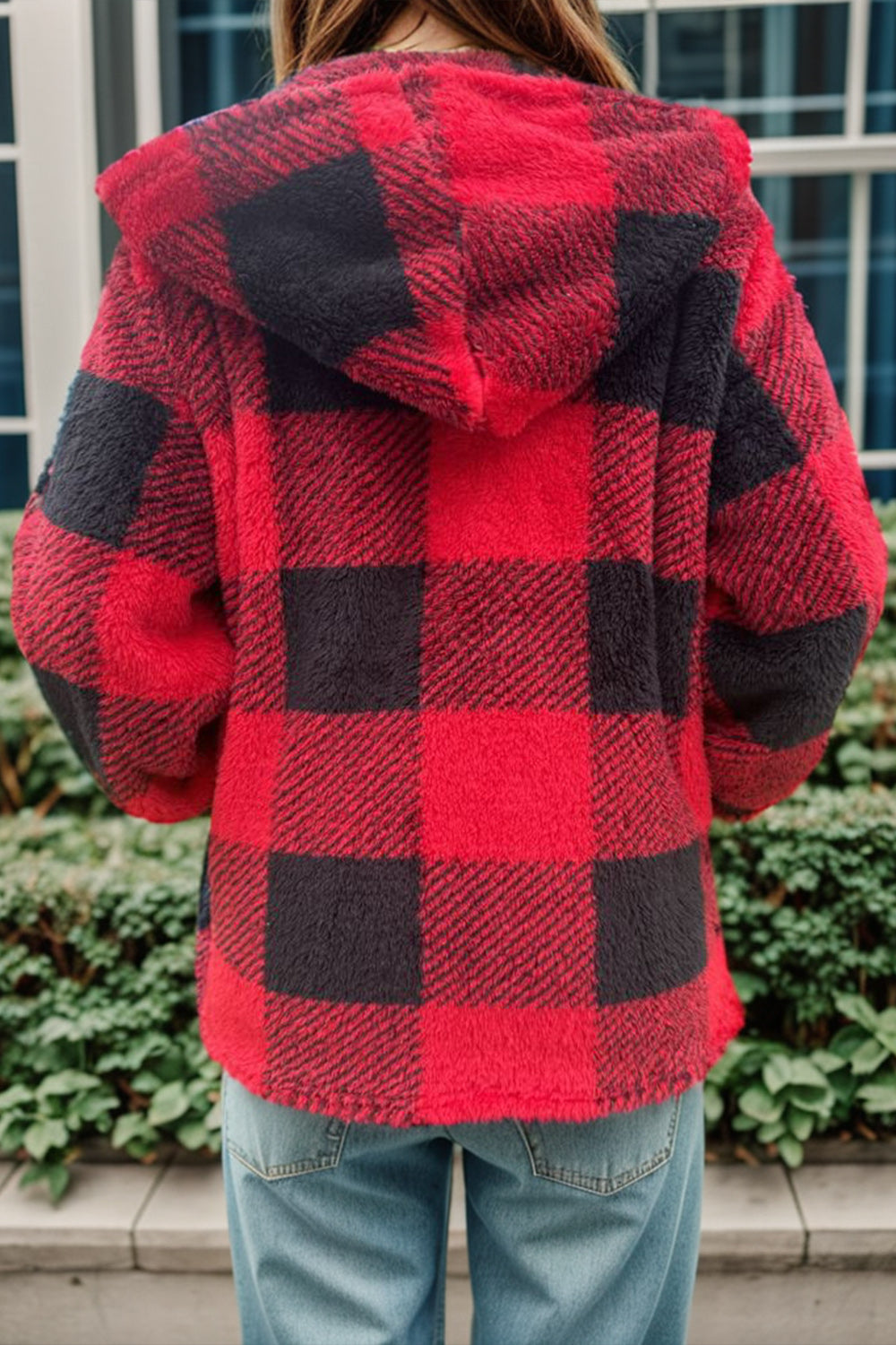 Double Take Full Size Plaid Long Sleeve Hooded Coat - EkaVibe