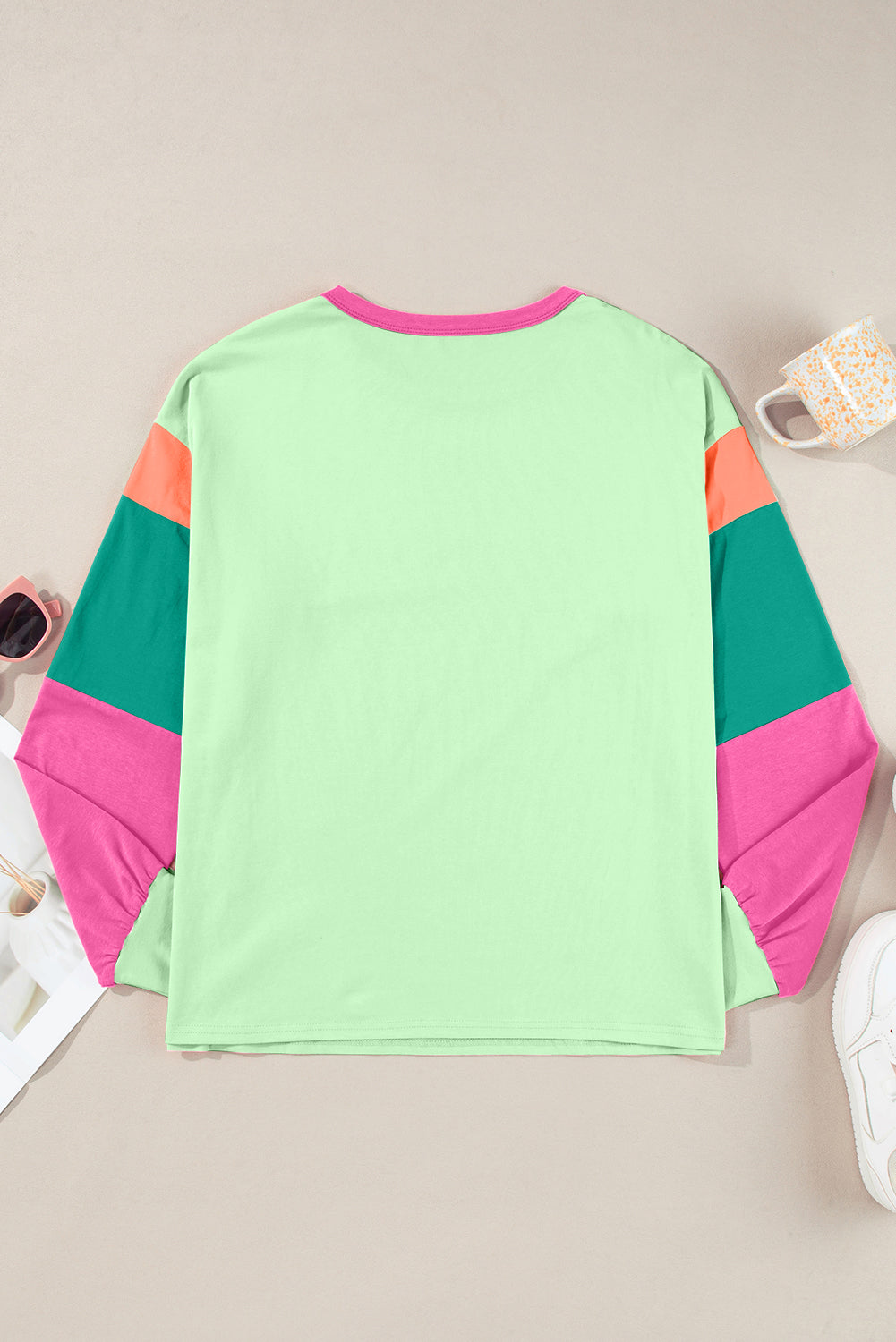 Color Block Round Neck Long Sleeve Top - EkaVibe