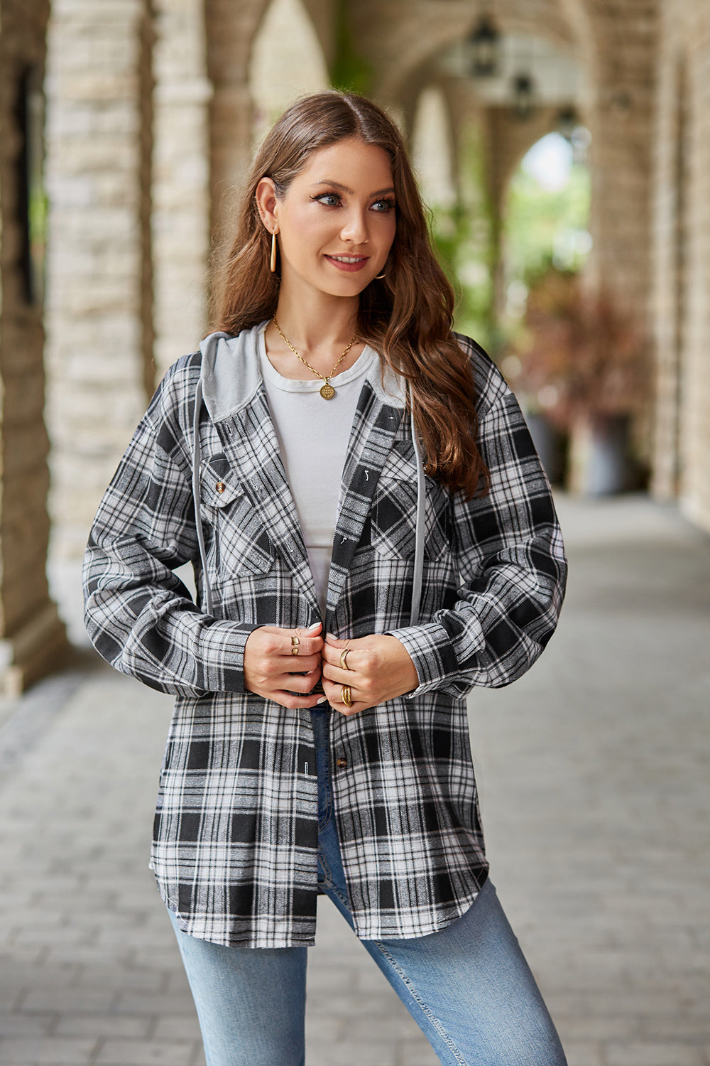 Mandy Plaid Long Sleeve Hooded Jacket - EkaVibe