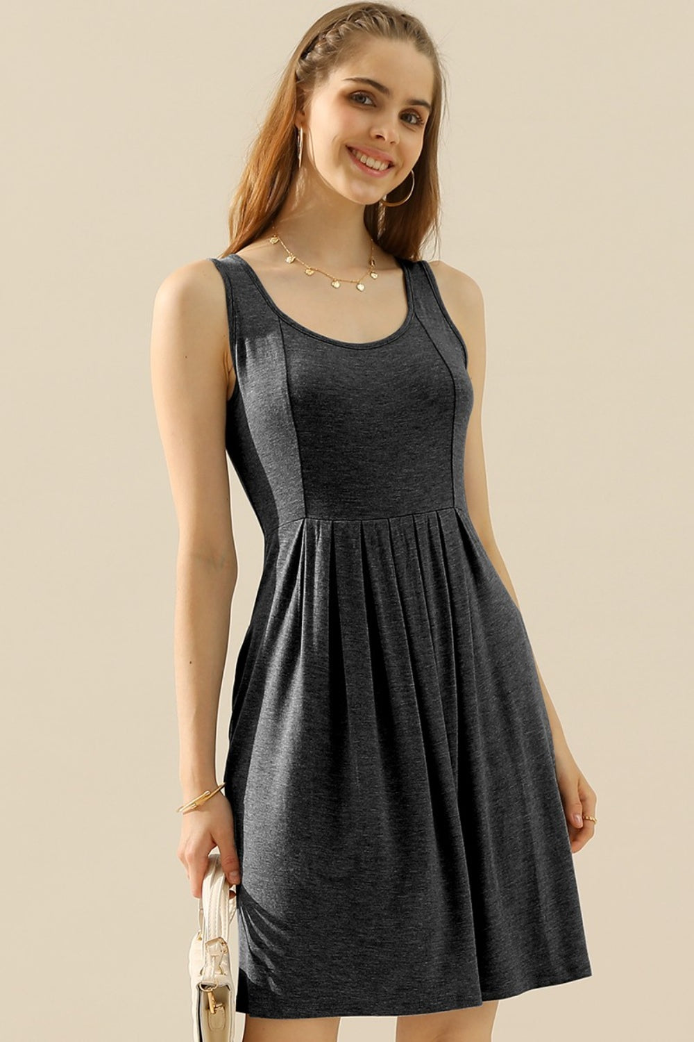 Doublju Full Size Round Neck Ruched Sleeveless Dress with Pockets - EkaVibe