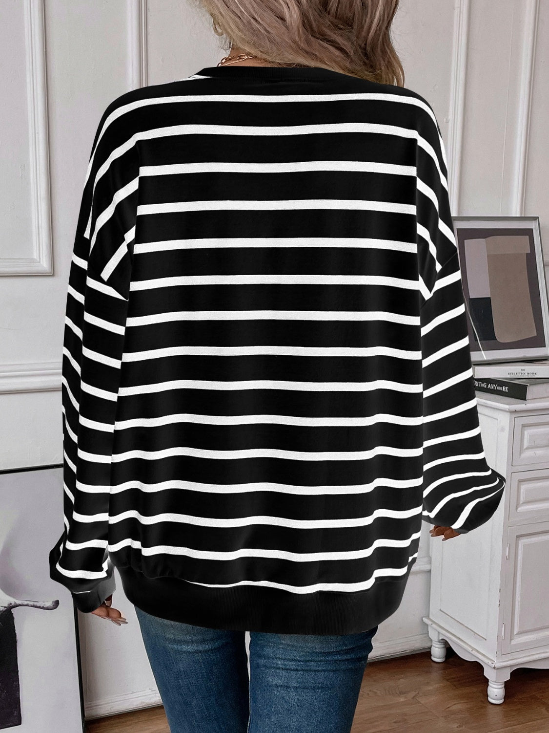 Lovelet Striped Round Neck Long Sleeve Sweatshirt - EkaVibe