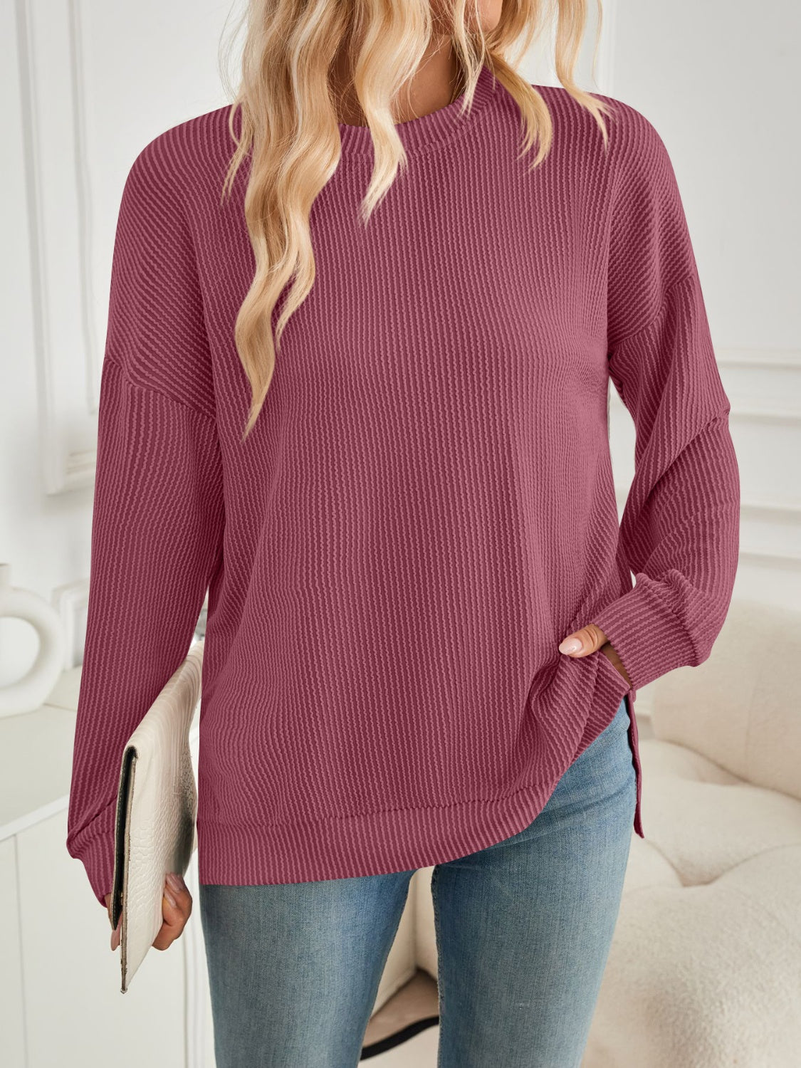 Lovelet Slit Round Neck Long Sleeve Sweatshirt - EkaVibe