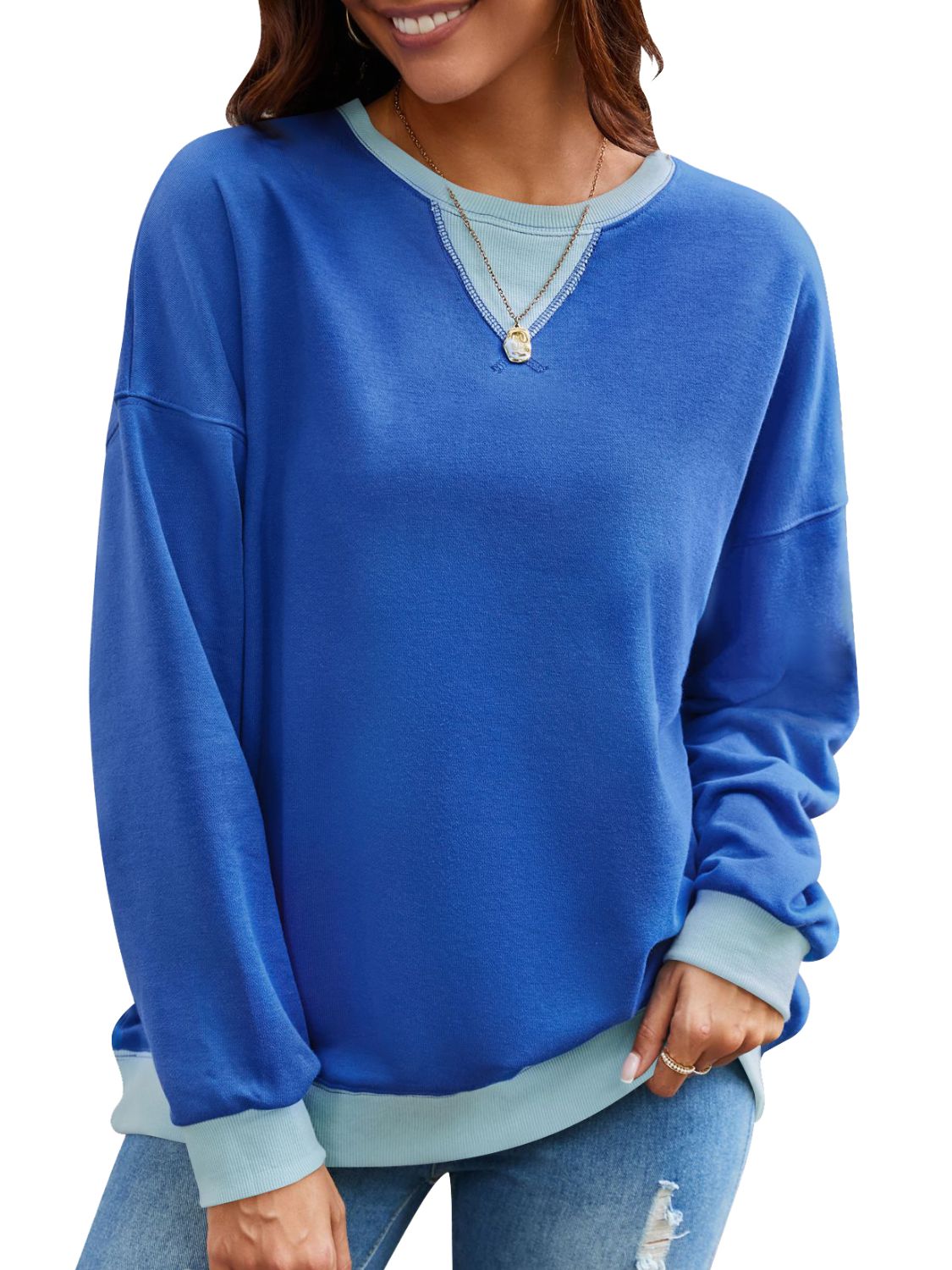 Lovelet Contrast Round Neck Long Sleeve Sweatshirt - EkaVibe