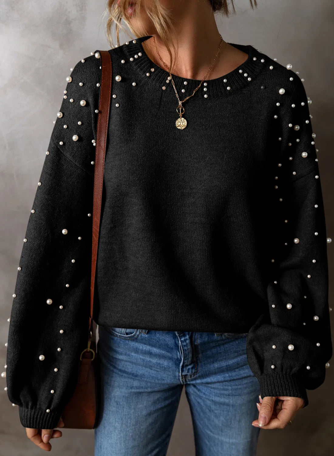 Pearl Detail Round Neck Long Sleeve Sweater - EkaVibe